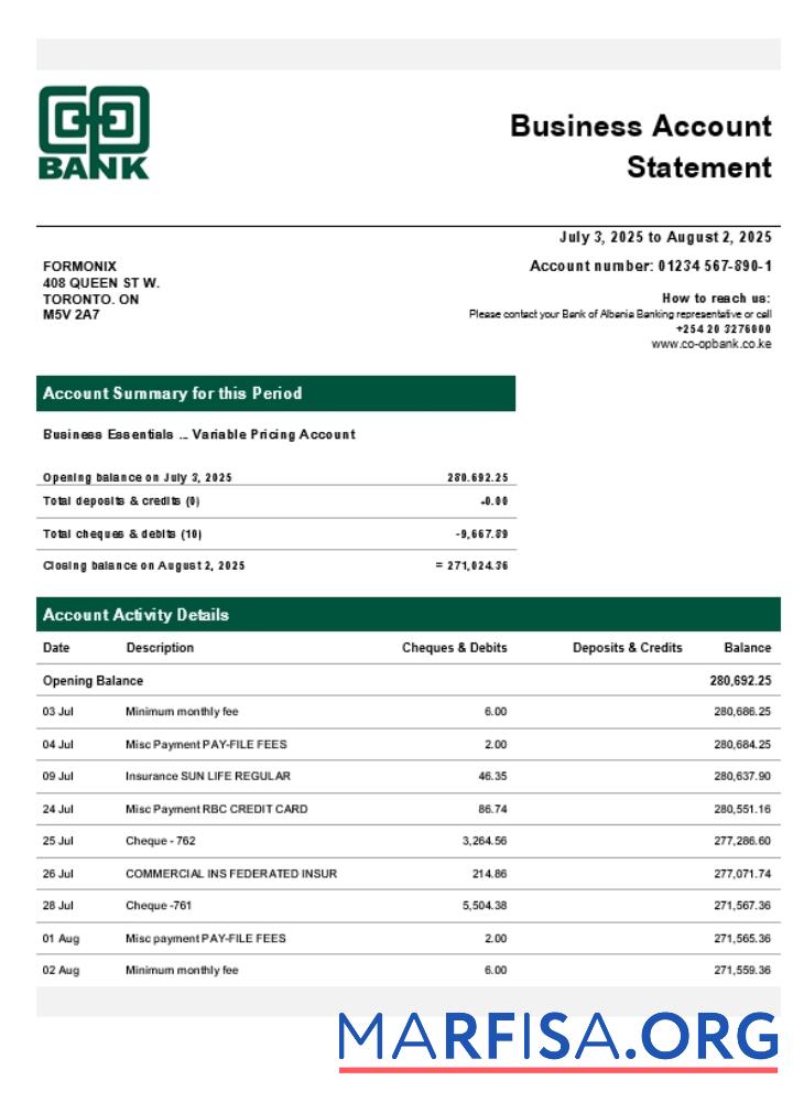 Printable Kenyan Co operative company checking account statement Word and PDF template (1)